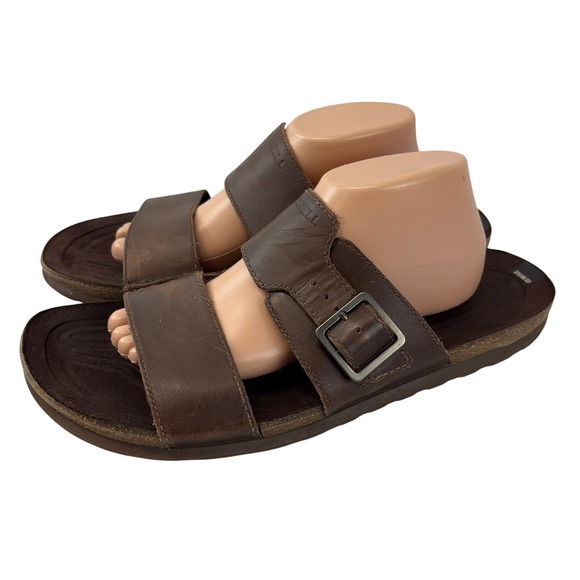 Merrell Mens Size 12 Dark Earth Brown Leather Adjustable Strap Slide Sandals - Picture 1 of 6